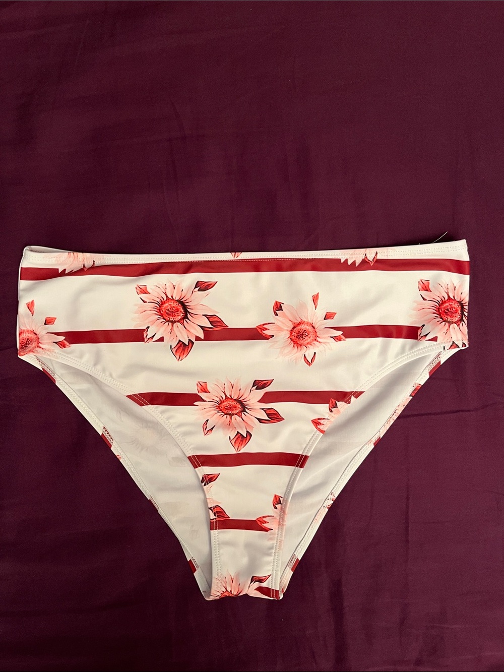 High leg & high waist Floral Stripe Bikini Bottom - White & Red